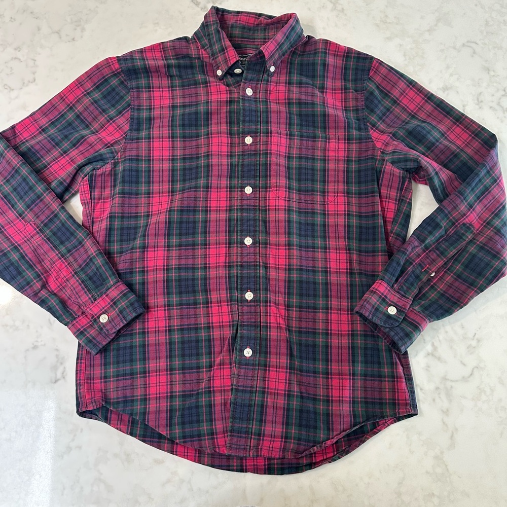 Abercrombie & Fitch Pink and Green Plaid Button-Up Shirt. Mens Large.